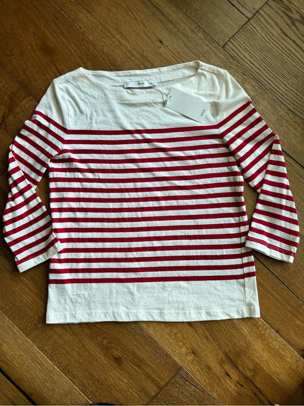 Mango White & Red Cotton 3/4 Sleeve Boatneck Shirt Parisian Breton Coastal Vacay